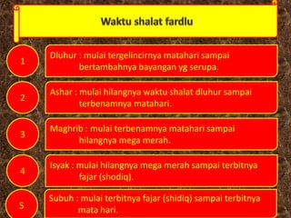 Dluhur : mulai tergelincirnya matahari sampai
bertambahnya bayangan yg serupa.
1
2
3
4
Ashar : mulai hilangnya waktu shalat dluhur sampai
terbenamnya matahari.
Maghrib : mulai terbenamnya matahari sampai
hilangnya mega merah.
Isyak : mulai hilangnya mega merah sampai terbitnya
fajar (shodiq).
5
Subuh : mulai terbitnya fajar (shidiq) sampai terbitnya
mata hari.
 