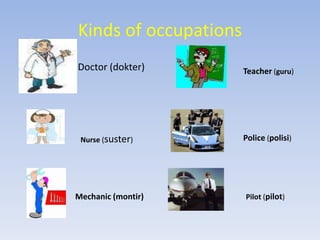 Kinds of occupationsDoctor (dokter)Teacher (guru)Nurse (suster)Police (polisi)Pilot (pilot)Mechanic (montir)