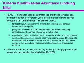 Kriteria Kualifikasian Akuntansi Lindung
Nilai
• PSAK 71 menghilangkan persyaratan tes efektivitas tersebut dan
memperkenalkan persyaratan yang lebih umum (principle-based)
menggunakan pertimbangan manajemen, yaitu:
i. terdapat hubungan ekonomik antara item lindung nilai dengan
instrumen lindung nilai;
ii. pengaruh risiko kredit tidak mendominasi perubahan nilai yang
dihasilkan dari hubungan ekonomik tersebut; dan
iii. rasio lindung nilai dari hubungan lindung nilai adalah rasio yang sama
dari hasil kuantitas item lindung nilai yang secara aktual dilindung nilai
dan kuantitas instrumen lindung nilai yang secara aktual digunakan
entitas untuk melindung nilai sejumlah kuantitas item lindung nilai
tersebut.
• Menurut PSAK 55, hubungan lindung nilai dapat dianggap efektif jika
memenuhi persyaratan tes efektivitas 80-125%.
13
 