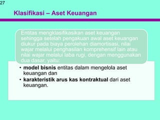 Klasifikasi – Aset Keuangan
• model bisnis entitas dalam mengelola aset
keuangan dan
• karakteristik arus kas kontraktual dari aset
keuangan.
Entitas mengklasifikasikan aset keuangan
sehingga setelah pengakuan awal aset keuangan
diukur pada biaya perolehan diamortisasi, nilai
wajar melalui penghasilan komprehensif lain atau
nilai wajar melalui laba rugi, dengan menggunakan
dua dasar, yaitu:
27
 