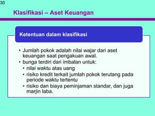Klasifikasi – Aset Keuangan
• Jumlah pokok adalah nilai wajar dari aset
keuangan saat pengakuan awal.
• bunga terdiri dari imbalan untuk:
• nilai waktu atas uang
• risiko kredit terkait jumlah pokok terutang pada
periode waktu tertentu
• risiko dan biaya peminjaman standar, dan juga
marjin laba.
Ketentuan dalam klasifikasi
30
 