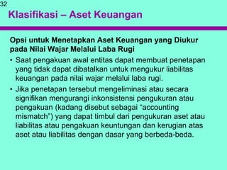 Klasifikasi – Aset Keuangan
Opsi untuk Menetapkan Aset Keuangan yang Diukur
pada Nilai Wajar Melalui Laba Rugi
• Saat pengakuan awal entitas dapat membuat penetapan
yang tidak dapat dibatalkan untuk mengukur liabilitas
keuangan pada nilai wajar melalui laba rugi.
• Jika penetapan tersebut mengeliminasi atau secara
signifikan mengurangi inkonsistensi pengukuran atau
pengakuan (kadang disebut sebagai “accounting
mismatch”) yang dapat timbul dari pengukuran aset atau
liabilitas atau pengakuan keuntungan dan kerugian atas
aset atau liabilitas dengan dasar yang berbeda-beda.
32
 