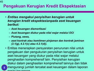 Pengakuan Kerugian Kredit Ekspektasian
• Entitas mengakui penyisihan kerugian untuk
kerugian kredit ekspektasianpada aset keuangan
berikut:
– Aset keuangan diamortisasi
– Aset keuangan diukur pada nilai wajar melalui OCI
– Piutang, sewa,
– aset kontrak atau komitmen pinjaman dan kontrak jaminan
(2.1(g), 4.2.1(c) atau 4.2.1(d)).
• Entitas menerapkan persyaratan penurunan nilai untuk
pengakuan dan pengukuran penyisihan kerugian untuk
aset keuangan yang diukur pada nilai wajar melalui
penghasilan komprehensif lain. Penyisihan kerugian
diakui dalam penghasilan komprehensif lainnya dan tidak
mengurangi jumlah tercatat aset keuangan dalam laporan
45
5
 