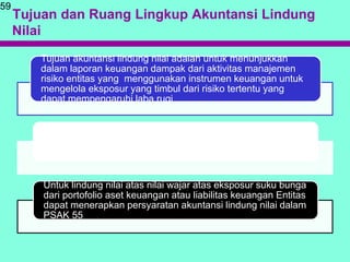 Tujuan dan Ruang Lingkup Akuntansi Lindung
Nilai
59
Tujuan akuntansi lindung nilai adalah untuk menunjukkan
dalam laporan keuangan dampak dari aktivitas manajemen
risiko entitas yang menggunakan instrumen keuangan untuk
mengelola eksposur yang timbul dari risiko tertentu yang
dapat mempengaruhi laba rugi
Pendekatan ini bertujuan untuk menyampaikan konteks
instrumen lindung nilai dalam hal akuntansi lindung nilai
diterapkan dan memberi informasi atas tujuan dan dampak
lindung nilai.
Untuk lindung nilai atas nilai wajar atas eksposur suku bunga
dari portofolio aset keuangan atau liabilitas keuangan Entitas
dapat menerapkan persyaratan akuntansi lindung nilai dalam
PSAK 55
 