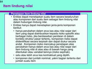 Item lindung nilai
64
• Entitas dapat menetapkan suatu item secara keseluruhan
atau komponen dari suatu item sebagai item lindung nilai
dalam hubungan lindung nilai.
• Entitas hanya dapat menetapkan jenis-jenis komponen
berikut:
• hanya perubahan dalam arus kas atau nilai wajar dari
item yang dapat diatribusikan kepada risiko spesifik atau
berbagai risiko, jika berdasarkan penilaian di dalam
konteks struktur pasar tertentu, komponen risiko dapat
diidentifikasi secara terpisah dan dapat diukur secara
andal . Komponen risiko mencakup penetapan atas
perubahan hanya dalam arus kas atau nilai wajar dari
item lindung nilai di atas atau di bawah harga yang
ditentukan atau variabel lainnya (risiko sepihak).
• satu atau lebih arus kas kontraktual yang dipilih.
• komponen dari jumlah nominal, yakni bagian tertentu dari
jumlah suatu item
Penetapan item lindung nilai
 