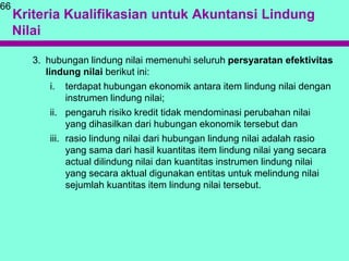 Kriteria Kualifikasian untuk Akuntansi Lindung
Nilai
66
3. hubungan lindung nilai memenuhi seluruh persyaratan efektivitas
lindung nilai berikut ini:
i. terdapat hubungan ekonomik antara item lindung nilai dengan
instrumen lindung nilai;
ii. pengaruh risiko kredit tidak mendominasi perubahan nilai
yang dihasilkan dari hubungan ekonomik tersebut dan
iii. rasio lindung nilai dari hubungan lindung nilai adalah rasio
yang sama dari hasil kuantitas item lindung nilai yang secara
actual dilindung nilai dan kuantitas instrumen lindung nilai
yang secara aktual digunakan entitas untuk melindung nilai
sejumlah kuantitas item lindung nilai tersebut.
 