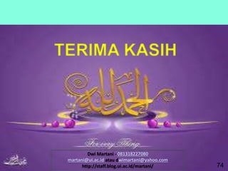 74
Dwi Martani - 081318227080
martani@ui.ac.id atau dwimartani@yahoo.com
http://staff.blog.ui.ac.id/martani/
 