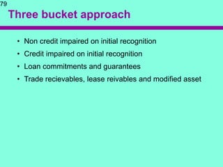 Three bucket approach
79
• Non credit impaired on initial recognition
• Credit impaired on initial recognition
• Loan commitments and guarantees
• Trade recievables, lease reivables and modified asset
 