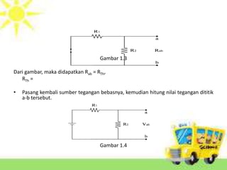 Gambar 1.3 
Dari gambar, maka didapatkan Rab = RTh, 
RTh = 
• Pasang kembali sumber tegangan bebasnya, kemudian hitung nilai tegangan dititik 
a-b tersebut. 
Gambar 1.4 
 