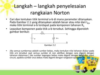 Langkah – langkah penyelesaian 
rangkaian Norton 
• Cari dan tentukan titik terminal a-b di mana parameter ditanyakan. 
Pada Gambar 2.1 yang ditanyakan adalah besar atau nilai dari IR3, 
maka titik terminal a-b terdapat pada komponen tahanan R3 
• Lepaskan komponen pada titik a-b tersebut. Sehingga diperoleh 
gambar berikut: 
Gambar 2.2 
• Jika semua sumbernya adalah sumber bebas, maka tentukan nilai tahanan diukur pada 
titik a-b tersebut saat semua sumber di non aktifkan dengan cara diganti dengan 
tahanan dalamnya ( jika sumber tegangan bebas maka diganti dengan rangkaian short 
circuit, apabila sumber arus bebas maka diganti dengan rangkaian open circuit). 
 