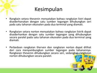 Kesimpulan 
• Rangkain setara thevenin menyatakan bahwa rangkaian listri dapat 
disederhanakan dengan satu sumber tegangan dihubungkan seri 
pada satu tahanan ekuivalen pada dua terminal yang diamati. 
• Rangkaian setara norton menyatakan bahwa rangkaian listrik dapat 
disederhankan dengan satu sumber tegangan yang dihubungkan 
secara paralel pada satu tahanan ekuivalen pada dua terminal yang 
diamati. 
• Perbedaan rangkaian therven dan rangkaian norton dapat dilihat 
dari cara menyambungkan sumber tegangan pada tahanannya. 
Rangkaian thevenin dihubungkan secara seri, sedangkan rangkaian 
norton dihubungkan secara paralel. 
