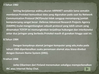 7.Tahun 1982

        Seiring berjalannya waktu,ukuran ARPANET semakin lama semakin
  membesar.Protokol komunikasi data yang digunakan pada saat itu Network
  Communication Protocol (NCP)mulai tidak sanggup menampung jumlah
  komputeryang sangat besar .Defense Advanced Research Projects Agency
  (DARPA) mulai mengembangkan sebuah protocol yang lebih umum yang
  dinamakan TCP/IP ini memungkinkan terjadinya hubungan dan interkoneksi
  antar dua jaringan yang berbeda.Protokol masih di gunakan hingga saat ini.

8.Tahun 1984

       Dengan banyaknya alamat jaringan komputer yang ada,maka pada
  tahun 1984 diperkenalkan suatu penamaan alamat atau biasa disebut
  dengan Domain Name System (DNS).

9.tahun 1988

        Jarko Oikarinen dari Finland menemukan sekaligus memperkenalkan
  IRC atau Internet Relay Chat.
 