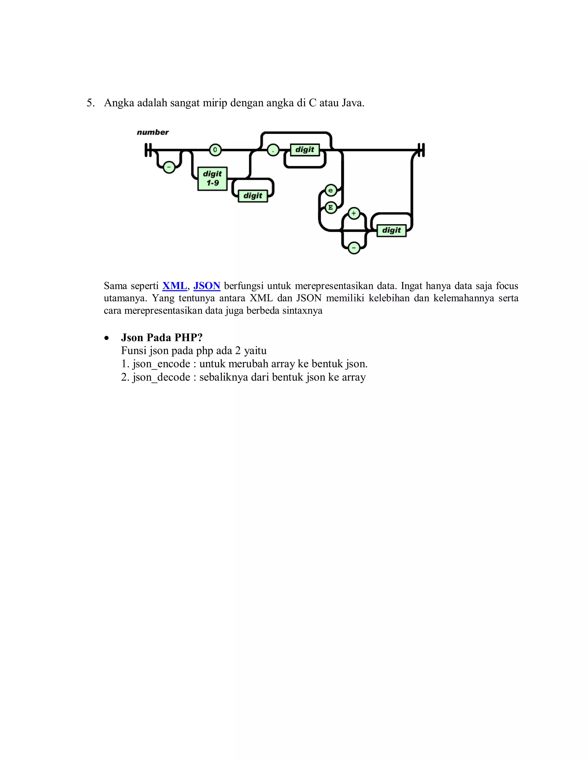 5. Angka adalah sangat mirip dengan angka di C atau Java.

Sama seperti XML, JSON berfungsi untuk merepresentasikan data. Ingat hanya data saja focus
utamanya. Yang tentunya antara XML dan JSON memiliki kelebihan dan kelemahannya serta
cara merepresentasikan data juga berbeda sintaxnya



Json Pada PHP?
Funsi json pada php ada 2 yaitu
1. json_encode : untuk merubah array ke bentuk json.
2. json_decode : sebaliknya dari bentuk json ke array

 