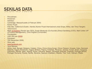 SEKILAS DATA
 Perusahaan:
 Perseroan
 Didirikan:
 Cambridge, Massachusetts (4 Februari 2004)
 Kantor Pusat:
 Palo Alto, California & Dublin, Irlandia (Kantor Pusat Internasional untuk Eropa, Afrika, dan Timur Tengah)
 Tokoh Kunci:
 Mark Zuckerberg (Pendiri dan CEO), Dustin Moskovitz (Co-founder),Sheryl Sandberg (COO), Matt Cohler (VP
of Product Management), Chris Hughes (Co-founder)
 Pendapatan:
 USD 300 juta (2008)
 Karyawan:
 700 (November 2008)
 Situs web:
 www.facebook.com
 Versi Bahasa:
 Afrika, Arab, Bengali, Bulgaria, Catalan, China, China (Hong Kong), China (Taiwan), Kroasia, Ceko, Denmark,
Belanda, Inggris (American), Inggris (British), Filipino, Finlandia, Perancis, Jerman, Yunani, Ibrani, Hungaria,
Indonesia, Irlandia, Italia, Jepang, Korea, Lithuania, Melayu, Norwegia (bokmål), Polandia, Portugal (Brazil),
Portugal, Rumania, Russia, Serbia, Slovenia, Spanyol (Castilian), Swedia, Thai, Turki, Vietnam, Wales.
 