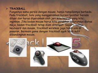  TRACKBALL
  Fungsinya sama persis dengan mouse, hanya tampilannya berbeda.
  Pada trackball, bola yang menggerakkan kursor/pointer berada
  diluar dan harus digerakkan oleh jari kita kearah yang kita
  inginkan. Jika badan mouse harus kita gerakkan seluruhnya diatas
  meja, badan trackball tetap diam ditempat. Seperti halnya
  keyboard dan mouse, trackball wireless juga telah ada di
  pasaran. Bermain game dengan trackball agak lebih sulit
  dibandingkan mouse.
 