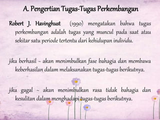 A. Pengertian Tugas-Tugas Perkembangan
Robert J. Havinghust (1990) mengatakan bahwa tugas
perkembangan adalah tugas yang muncul pada saat atau
sekitar satu periode tertentu dari kehidupan individu.
jika berhasil ~ akan menimbulkan fase bahagia dan membawa
keberhasilan dalam melaksanakan tugas-tugas berikutnya.
jika gagal ~ akan menimbulkan rasa tidak bahagia dan
kesulitan dalam menghadapi tugas-tugas berikutnya.

 