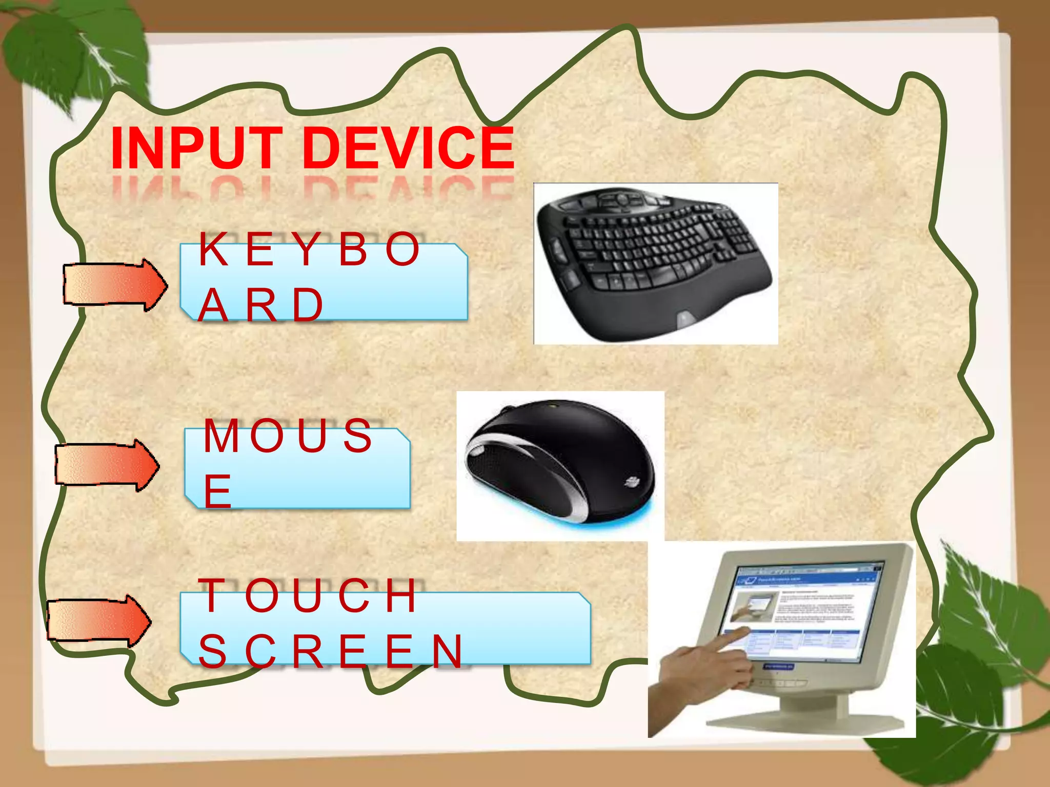 INPUT DEVICE
  KEYBO
  ARD

  MO U S
  E

  T OUCH
  SCREEN
 