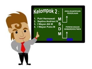 ANALISA&DESAIN
                                PEKERJAAN


1.
2.
     Putri Hermawati
     Septina Andriani N
                          M
3.   I Wayan Alit M       S
4.   I Wayan Putra M           PERENCANAAN
                          D   SDM&REKRUTMEN


                          M
 