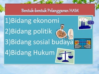 1)Bidang ekonomi
2)Bidang politik
3)Bidang sosial budaya
4)Bidang Hukum
 