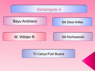Bayu Andriano
M. Wildan R
Siti Dewi Artika
Siti Nurhasanah
Tri Cahya Putri Buana
 