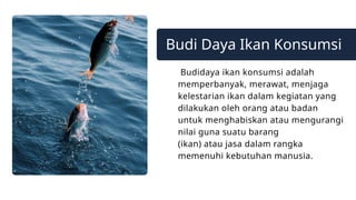 Contact us
Budi Daya Ikan Konsumsi
Budidaya ikan konsumsi adalah
memperbanyak, merawat, menjaga
kelestarian ikan dalam kegiatan yang
dilakukan oleh orang atau badan
untuk menghabiskan atau mengurangi
nilai guna suatu barang
(ikan) atau jasa dalam rangka
memenuhi kebutuhan manusia.
 