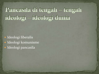  Ideologi liberalis
 Ideologi komunisme
 Ideologi pancasila
 