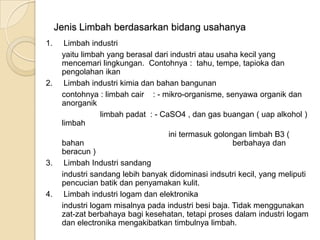 Jenis Limbah berdasarkan bidang usahanya
1. Limbah industri
yaitu limbah yang berasal dari industri atau usaha kecil yang
mencemari lingkungan. Contohnya : tahu, tempe, tapioka dan
pengolahan ikan
2. Limbah industri kimia dan bahan bangunan
contohnya : limbah cair : - mikro-organisme, senyawa organik dan
anorganik
limbah padat : - CaSO4 , dan gas buangan ( uap alkohol )
limbah
ini termasuk golongan limbah B3 (
bahan berbahaya dan
beracun )
3. Limbah Industri sandang
industri sandang lebih banyak didominasi indsutri kecil, yang meliputi
pencucian batik dan penyamakan kulit.
4. Limbah industri logam dan elektronika
industri logam misalnya pada industri besi baja. Tidak menggunakan
zat-zat berbahaya bagi kesehatan, tetapi proses dalam industri logam
dan electronika mengakibatkan timbulnya limbah.
 