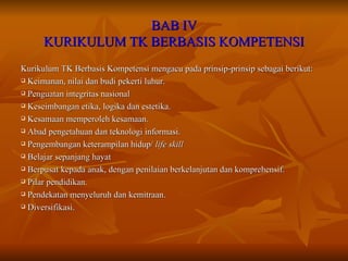 BAB IV KURIKULUM TK BERBASIS KOMPETENSI Kurikulum TK Berbasis Kompetensi mengacu pada prinsip-prinsip sebagai berikut: Keimanan, nilai dan budi pekerti luhur. Penguatan integritas nasional Keseimbangan etika, logika dan estetika. Kesamaan memperoleh kesamaan. Abad pengetahuan dan teknologi informasi. Pengembangan keterampilan hidup/  life skill Belajar sepanjang hayat Berpusat kepada anak, dengan penilaian berkelanjutan dan komprehensif. Pilar pendidikan. Pendekatan menyeluruh dan kemitraan. Diversifikasi. 