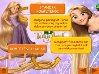 STANDAR
KOMPETENSI
Mengenal perangkat keras
dan sistem yang digunakan
dalam program presentasi

KOMPETENSI DASAR

Mengidentifikasi menu dan
icon pada perangkat lunak
pengolah presentasi

 