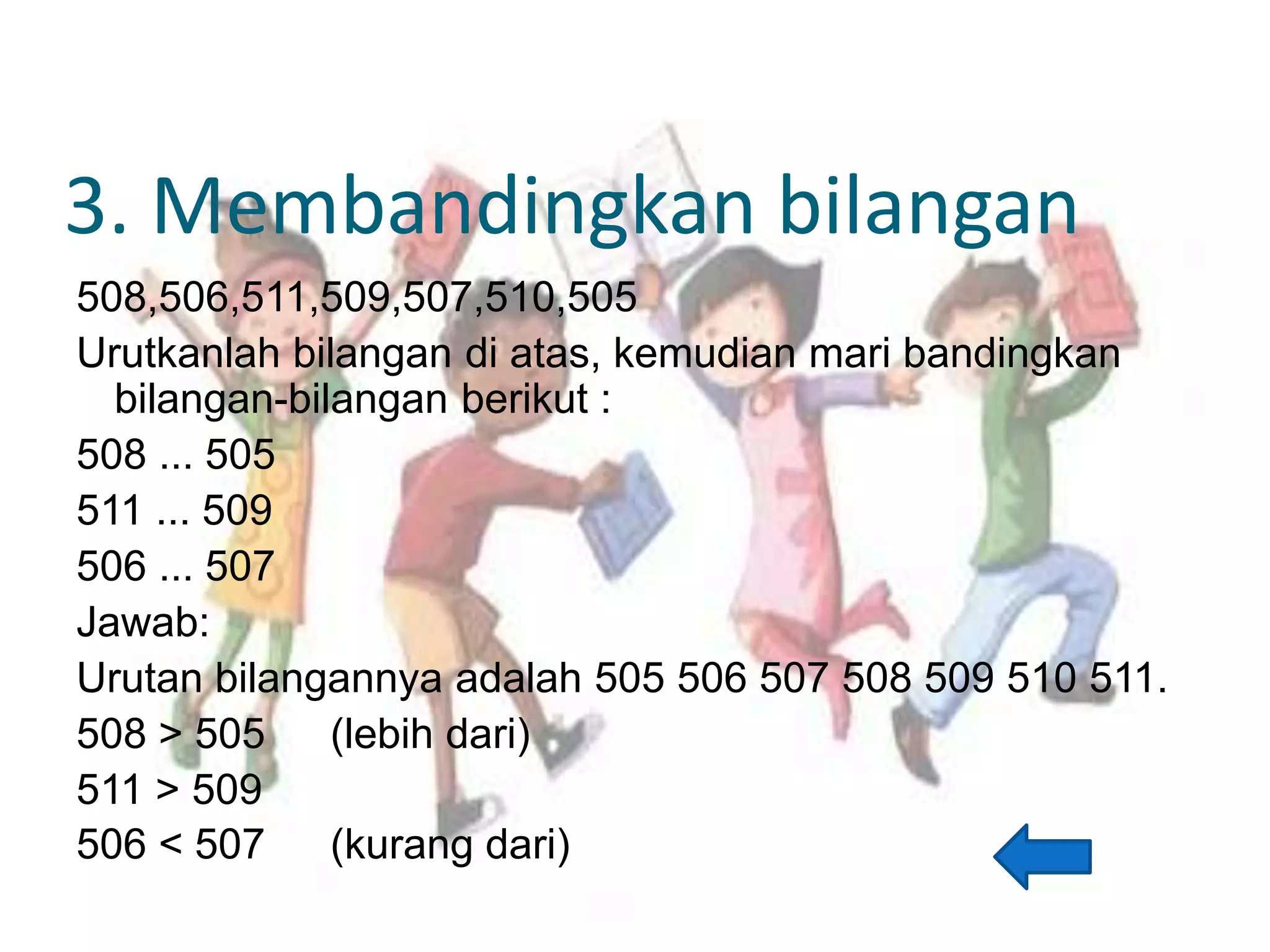 3. Membandingkan bilangan
508,506,511,509,507,510,505
Urutkanlah bilangan di atas, kemudian mari bandingkan
bilangan-bilangan berikut :
508 ... 505
511 ... 509
506 ... 507
Jawab:
Urutan bilangannya adalah 505 506 507 508 509 510 511.
508 > 505 (lebih dari)
511 > 509
506 < 507 (kurang dari)
 