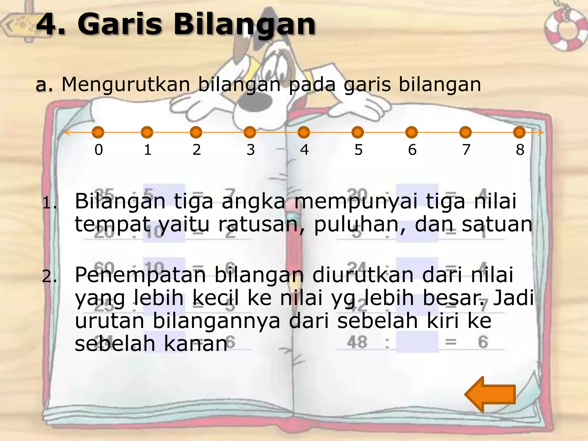 4. Garis Bilangan
a. Mengurutkan bilangan pada garis bilangan
1. Bilangan tiga angka mempunyai tiga nilai
tempat yaitu ratusan, puluhan, dan satuan
2. Penempatan bilangan diurutkan dari nilai
yang lebih kecil ke nilai yg lebih besar. Jadi
urutan bilangannya dari sebelah kiri ke
sebelah kanan
0 1 2 3 4 5 6 7 8
 