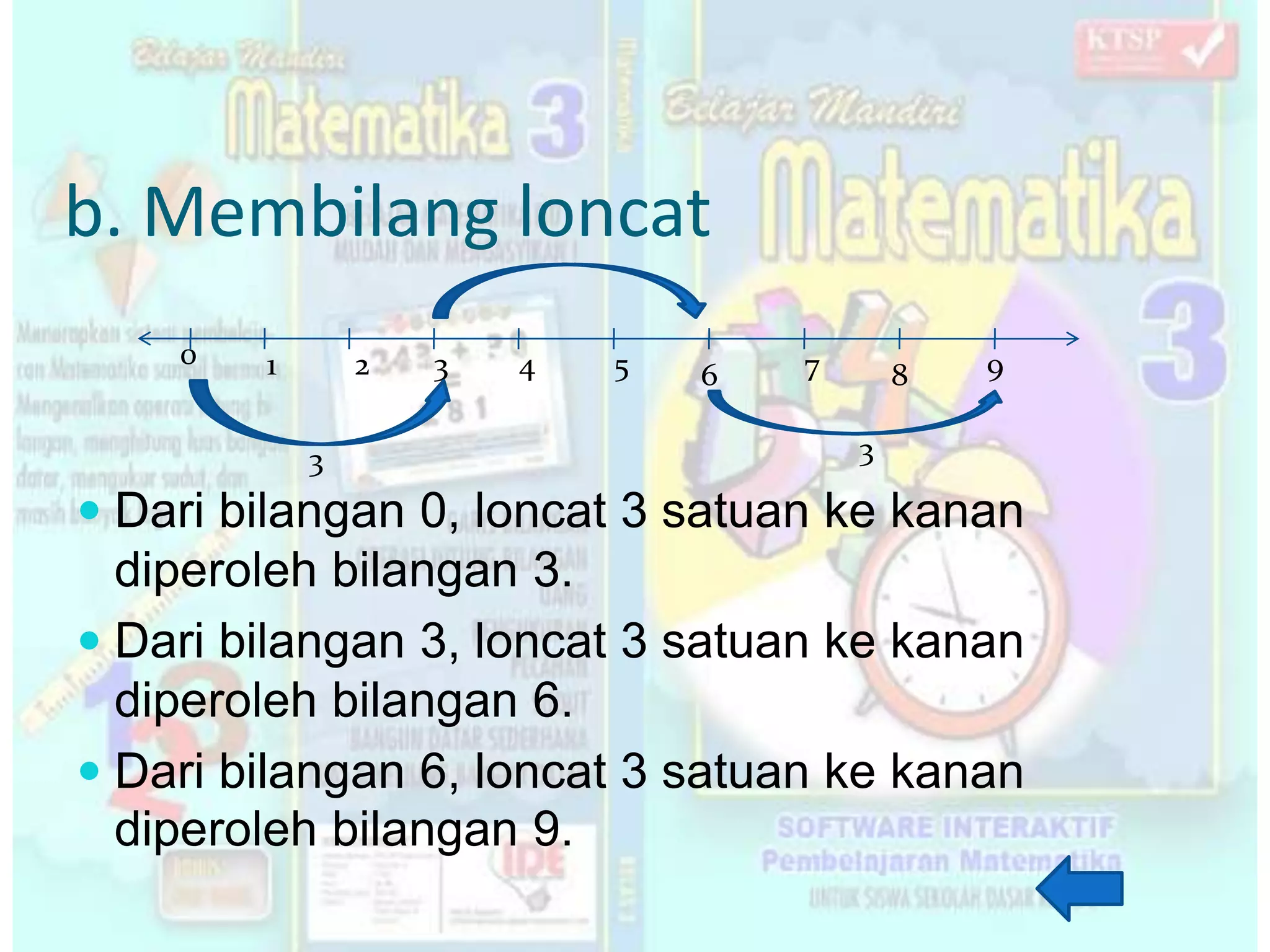 b. Membilang loncat
 Dari bilangan 0, loncat 3 satuan ke kanan
diperoleh bilangan 3.
 Dari bilangan 3, loncat 3 satuan ke kanan
diperoleh bilangan 6.
 Dari bilangan 6, loncat 3 satuan ke kanan
diperoleh bilangan 9.
0 1 2 3 4 5 6 7 8 9
3 3
 