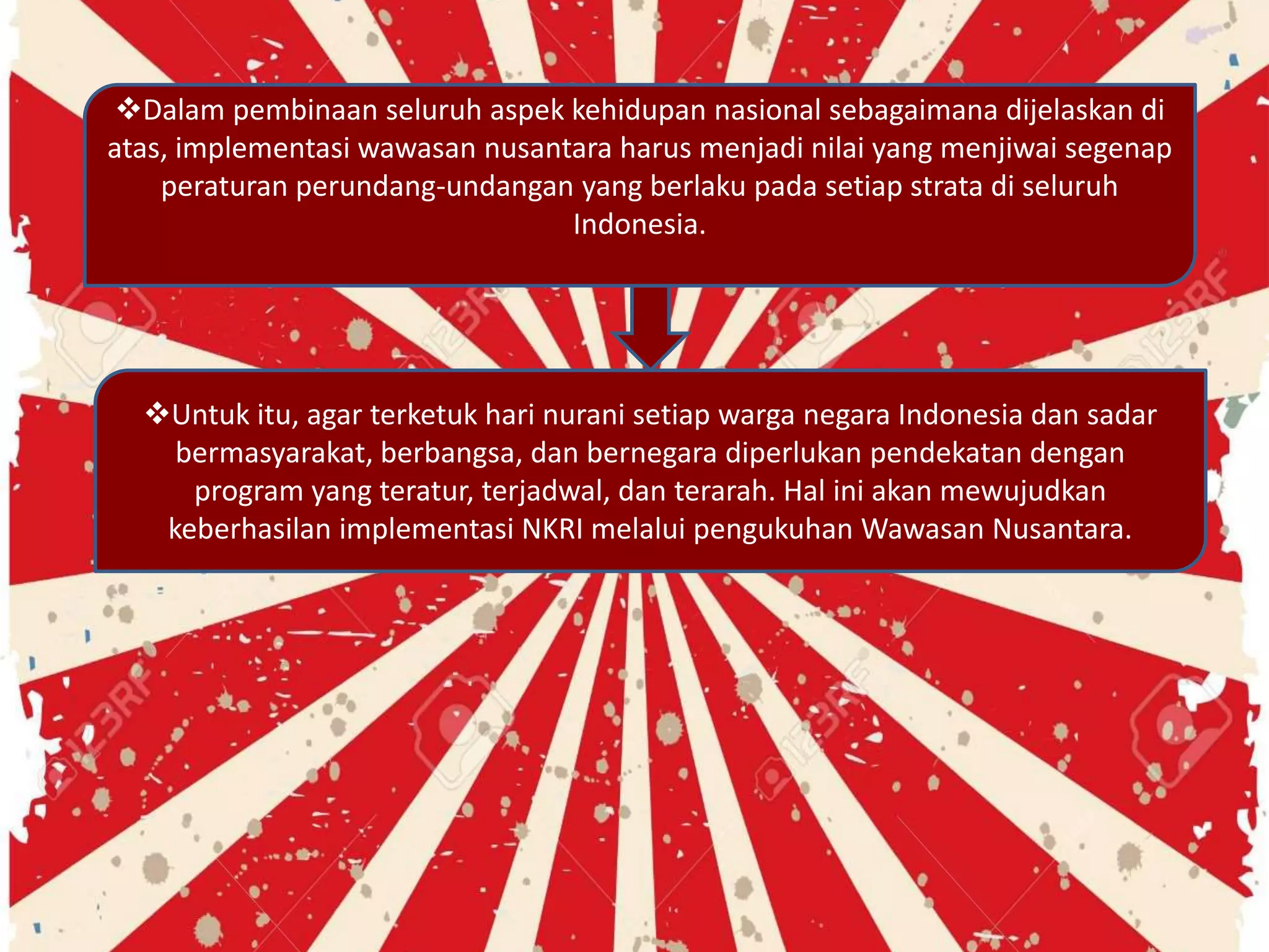 Dalam pembinaan seluruh aspek kehidupan nasional sebagaimana dijelaskan di
atas, implementasi wawasan nusantara harus menjadi nilai yang menjiwai segenap
peraturan perundang-undangan yang berlaku pada setiap strata di seluruh
Indonesia.
Untuk itu, agar terketuk hari nurani setiap warga negara Indonesia dan sadar
bermasyarakat, berbangsa, dan bernegara diperlukan pendekatan dengan
program yang teratur, terjadwal, dan terarah. Hal ini akan mewujudkan
keberhasilan implementasi NKRI melalui pengukuhan Wawasan Nusantara.
 