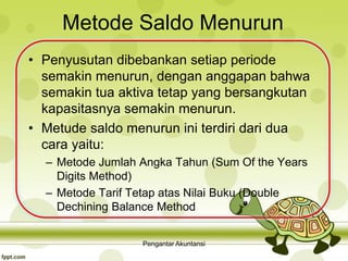 Metode Saldo Menurun
• Penyusutan dibebankan setiap periode
semakin menurun, dengan anggapan bahwa
semakin tua aktiva tetap yang bersangkutan
kapasitasnya semakin menurun.
• Metude saldo menurun ini terdiri dari dua
cara yaitu:
– Metode Jumlah Angka Tahun (Sum Of the Years
Digits Method)
– Metode Tarif Tetap atas Nilai Buku (Double
Dechining Balance Method
Pengantar Akuntansi
 