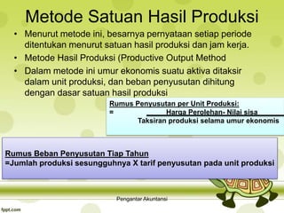Metode Satuan Hasil Produksi
• Menurut metode ini, besarnya pernyataan setiap periode
ditentukan menurut satuan hasil produksi dan jam kerja.
• Metode Hasil Produksi (Productive Output Method
• Dalam metode ini umur ekonomis suatu aktiva ditaksir
dalam unit produksi, dan beban penyusutan dihitung
dengan dasar satuan hasil produksi
Rumus Penyusutan per Unit Produksi:
= Harga Perolehan- Nilai sisa
Taksiran produksi selama umur ekonomis
Rumus Beban Penyusutan Tiap Tahun
=Jumlah produksi sesungguhnya X tarif penyusutan pada unit produksi
Pengantar Akuntansi
 