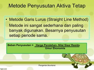 Metode Penyusutan Aktiva Tetap
• Metode Garis Lurus (Straight Line Method)
Metode ini sangat sederhana dan paling
banyak digunakan. Besarnya penyusutan
setiap periode sama.
Beban Penyusutan = Harga Perolehan- Nilai Sisa/ Residu
Umur Ekonomis
Pengantar Akuntansi
 