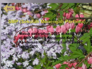 Masuk pada tahun 2007, di kelas VII A
di SMP Negeri 1 Kandeman Kec.
Kandeman Kab. Batang. Lulus pada
tahun 2010.
BACK
 
