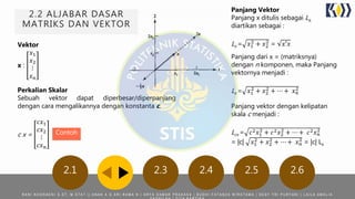 2.2 ALJABAR DASAR
MATRIKS DAN VEKTOR
Vektor
x :
𝑥1
𝑥2
⋮
𝑥 𝑛
Perkalian Skalar
Sebuah vektor dapat diperbesar/diperpanjang
dengan cara mengalikannya dengan konstanta c.
c x =
𝑐𝑥1
𝑐𝑥2
⋮
𝑐𝑥 𝑛
Contoh
Panjang Vektor
Panjang x ditulis sebagai Lx,
diartikan sebagai :
Lx = 𝑥1
2
+ 𝑥2
2
= 𝑥′𝑥
Panjang dari x = (matriksnya)
dengan n komponen, maka Panjang
vektornya menjadi :
Lx = 𝑥1
2
+ 𝑥2
2
+ ⋯ + 𝑥 𝑛
2
Panjang vektor dengan kelipatan
skala c menjadi :
Lcx = 𝑐2 𝑥1
2
+ 𝑐2 𝑥2
2
+ ⋯ + 𝑐2 𝑥 𝑛
2
= |c| 𝑥1
2
+ 𝑥2
2
+ ⋯ + 𝑥 𝑛
2
= |c| Lx
2.1 2.3 2.4 2.5 2.6
R A N I N O O R A E N I S . S T , M . S T A T | | A N A K A G A R I R A M A N | A R Y A D A M A R P R A K A S A | B U D H I F A T A N Z A W I R A T A M A | D E S Y T R I P U R Y A N I | L A I L A A M A L I A
 
