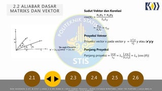 2.2 ALJABAR DASAR
MATRIKS DAN VEKTOR Sudut Vektor dan Korelasi
cos(θ) =
𝒙 𝟏 𝒚 𝟏 + 𝒙 𝟐 𝒚 𝟐
𝐿 𝑥 𝐿 𝑦
=
𝑺 𝒙𝒚
𝑺 𝒙 𝑺 𝒚
= 𝑟𝑥𝑦
Proyeksi Vektor
Proyeksi vector x pada vector y =
(𝑥′ 𝑦)
𝐿 𝑦
2 y atau (x’y)y
Panjang Proyeksi
Panjang proyeksi =
𝒙′𝒚
𝐿 𝑦
= 𝐿 𝑥
𝒙′𝒚
𝐿 𝑥 𝐿 𝑦
= 𝐿 𝑥 |cos (𝜃)|
2.1 2.3 2.4 2.5 2.6
R A N I N O O R A E N I S . S T , M . S T A T | | A N A K A G A R I R A M A N | A R Y A D A M A R P R A K A S A | B U D H I F A T A N Z A W I R A T A M A | D E S Y T R I P U R Y A N I | L A I L A A M A L I A
 