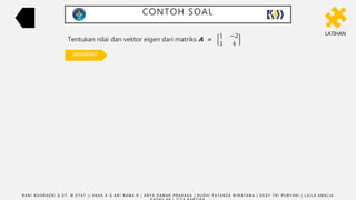 CONTOH SOAL
LATIHAN
R A N I N O O R A E N I S . S T , M . S T A T | | A N A K A G A R I R A M A N | A R Y A D A M A R P R A K A S A | B U D H I F A T A N Z A W I R A T A M A | D E S Y T R I P U R Y A N I | L A I L A A M A L I A
Tentukan nilai dan vektor eigen dari matriks A =
1 −2
1 4
Jawaban
𝑨 − 𝝀𝐈 = 0
1 −2
1 4
− 𝜆
1 0
0 1
= 0
1 −2
1 4
−
𝜆 0
0 𝜆
= 0
1 − 𝜆 −2
1 4 − 𝜆
= 0
(1 − 𝜆)(4 − 𝜆) + 2 = 0
𝜆2
− 5𝜆 + 6 = 0
(𝜆 − 3)(𝜆 − 2) = 0
λ=2 atau λ=3
𝜆 = 2
𝑨 − 𝝀𝐈 X = 0
1 − 2 −2
1 4 − 2
𝑣1
𝑣2
=
0
0
−1 −2
1 2
𝑣1
𝑣2
=
0
0
−𝑣1 − 2𝑣2 = 0
𝑣1 + 2𝑣2 = 0
𝑣1 = −2𝑠
𝑣1
𝑣2
= 𝑠
−2
1
𝐴𝑣 = 𝜆𝑣
1 −2
1 4
−2
1
= 2
−2
1
−4
2
= 2
−2
1
𝜆 = 2
𝑨 − 𝝀𝐈 X = 0
1 − 3 −2
1 4 − 3
𝑣1
𝑣2
=
0
0
−2 −2
1 1
𝑣1
𝑣2
=
0
0
−2𝑣1 − 2𝑣2 = 0
𝑣1 + 𝑣2 = 0
𝑣1 = −𝑠
𝑣1
𝑣2
= 𝑠
−1
1
𝐴𝑣 = 𝜆𝑣
1 −2
1 4
−1
1
= 3
−1
1
−3
3
= 3
−1
1
 