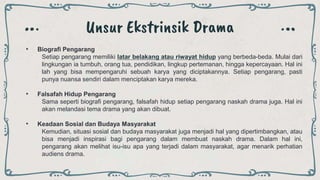 Unsur Ekstrinsik Drama
• Biografi Pengarang
Setiap pengarang memiliki latar belakang atau riwayat hidup yang berbeda-beda. Mulai dari
lingkungan ia tumbuh, orang tua, pendidikan, lingkup pertemanan, hingga kepercayaan. Hal ini
lah yang bisa mempengaruhi sebuah karya yang diciptakannya. Setiap pengarang, pasti
punya nuansa sendiri dalam menciptakan karya mereka.
• Falsafah Hidup Pengarang
Sama seperti biografi pengarang, falsafah hidup setiap pengarang naskah drama juga. Hal ini
akan melandasi tema drama yang akan dibuat.
• Keadaan Sosial dan Budaya Masyarakat
Kemudian, situasi sosial dan budaya masyarakat juga menjadi hal yang dipertimbangkan, atau
bisa menjadi inspirasi bagi pengarang dalam membuat naskah drama. Dalam hal ini,
pengarang akan melihat isu-isu apa yang terjadi dalam masyarakat, agar menarik perhatian
audiens drama.
 