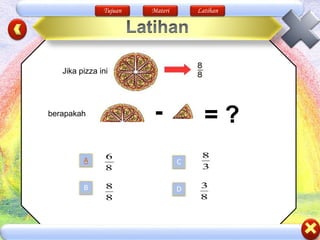 Tujuan Materi Latihan
- = ?
A
B
C
D
8
8
3
8
8
3
8
6
Jika pizza ini
berapakah
 