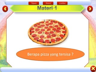 Tujuan Materi Latihan
Setelah beberapa saat
ada yang memakan pizza
di atas
Berapa pizza yang tersisa ?
 