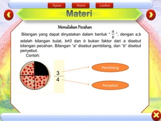 Tujuan Materi Latihan
Menuliskan Pecahan
Bilangan yang dapat dinyatakan dalam bentuk “
𝑎
𝑏
”, dengan a,b
adalah bilangan bulat, b≠0 dan b bukan faktor dari a disebut
bilangan pecahan. Bilangan “a” disebut pembilang, dan “b” disebut
penyebut.
Contoh:
Pembilang
Penyebut
 