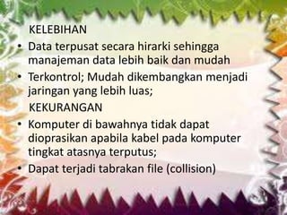 •
•

•
•

KELEBIHAN
Data terpusat secara hirarki sehingga
manajeman data lebih baik dan mudah
Terkontrol; Mudah dikembangkan menjadi
jaringan yang lebih luas;
KEKURANGAN
Komputer di bawahnya tidak dapat
dioprasikan apabila kabel pada komputer
tingkat atasnya terputus;
Dapat terjadi tabrakan file (collision)

 