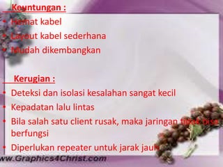 Keuntungan :
• Hemat kabel
• Layout kabel sederhana
• Mudah dikembangkan

•
•
•
•

Kerugian :
Deteksi dan isolasi kesalahan sangat kecil
Kepadatan lalu lintas
Bila salah satu client rusak, maka jaringan tidak bisa
berfungsi
Diperlukan repeater untuk jarak jauh

 