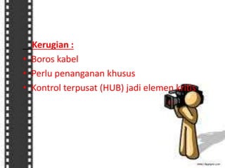 Kerugian :
• Boros kabel
• Perlu penanganan khusus
• Kontrol terpusat (HUB) jadi elemen kritis

 