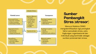 Sumber
Pembangkit
Stres (stresor)
Menurut Robbins (1996)
mengidentifikasikan tiga perangkat
faktor penyebab stress, yaitu
lingkungan, organisasional dan
individual yang bertindak sebagai
sumber potensial dari stress.
 
