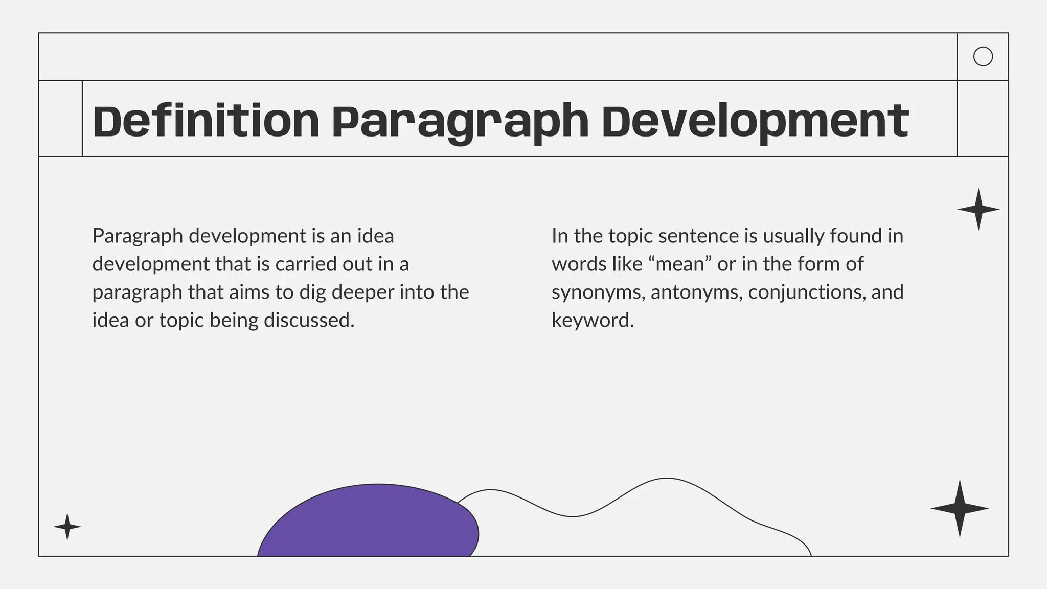 Definition Paragraph Development
Paragraph development is an idea
development that is carried out in a
paragraph that aims to dig deeper into the
idea or topic being discussed.
In the topic sentence is usually found in
words like “mean” or in the form of
synonyms, antonyms, conjunctions, and
keyword.
 