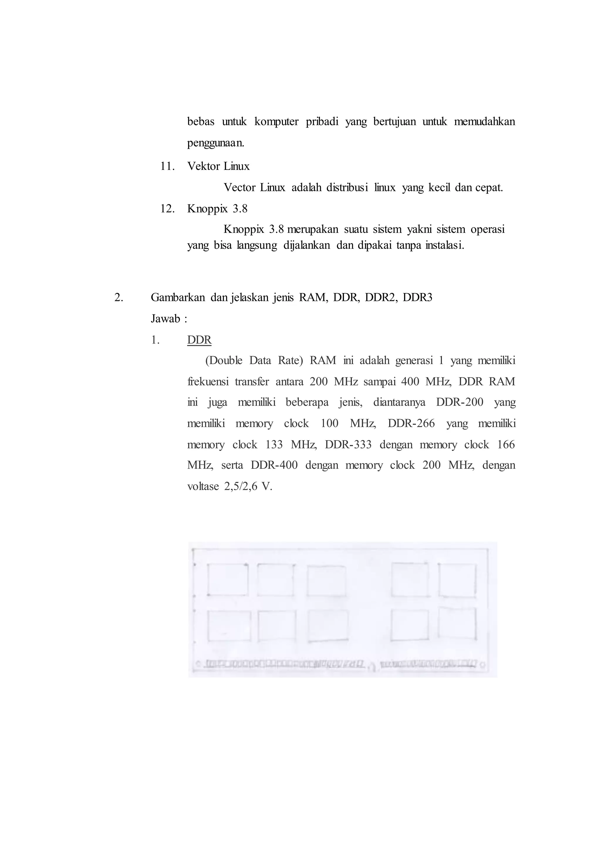 bebas untuk komputer pribadi yang bertujuan untuk memudahkan
penggunaan.
11. Vektor Linux
Vector Linux adalah distribusi linux yang kecil dan cepat.
12. Knoppix 3.8
Knoppix 3.8 merupakan suatu sistem yakni sistem operasi
yang bisa langsung dijalankan dan dipakai tanpa instalasi.
2. Gambarkan dan jelaskan jenis RAM, DDR, DDR2, DDR3
Jawab :
1. DDR
(Double Data Rate) RAM ini adalah generasi 1 yang memiliki
frekuensi transfer antara 200 MHz sampai 400 MHz, DDR RAM
ini juga memiliki beberapa jenis, diantaranya DDR-200 yang
memiliki memory clock 100 MHz, DDR-266 yang memiliki
memory clock 133 MHz, DDR-333 dengan memory clock 166
MHz, serta DDR-400 dengan memory clock 200 MHz, dengan
voltase 2,5/2,6 V.
 